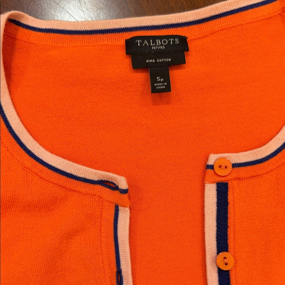 Talbots Orange Cardigan with Navy and White Trim - Picture 6 of 10